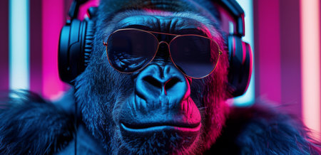 A close-up image of a gorilla wearing headphones and sunglasses, standing in front of a colorful neon background.の素材