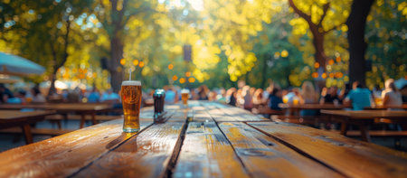 A single glass of beer rests on a wooden table in a beer garden, with the rest of the tables and people blurred in the background.の素材