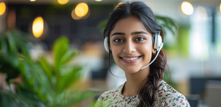 A young woman smiles while wearing a headset and working in a modern office environment.の素材