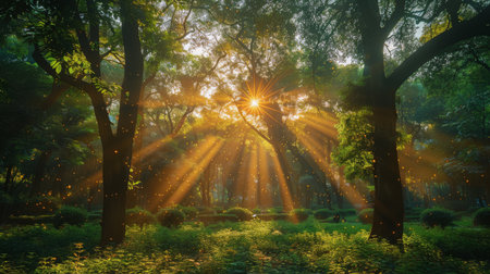 A photo of sunbeams shining through trees in a lush forest. The sun is low in the sky, casting long shadows through the foliage.の素材
