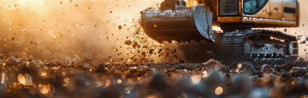 An excavator working on a construction site at sunset, with a blurred background of the machine and bright lights from the setting sun.の素材