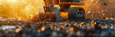 An excavator working on a construction site at sunset, with a blurred background of the machine and bright lights from the setting sun.の素材