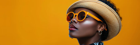 A woman wears a black hat and orange sunglasses against a yellow background.の素材