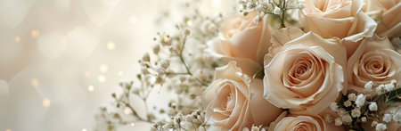 A close-up of a bouquet of peach roses and baby's breath with a soft bokeh background.の素材