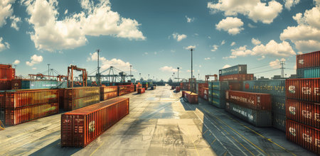 A panoramic view of a bustling container port at sunset, with rows of colorful shipping containers lining the docks. Cranes and trucks are visible, moving cargo and contributing to global trade.の素材
