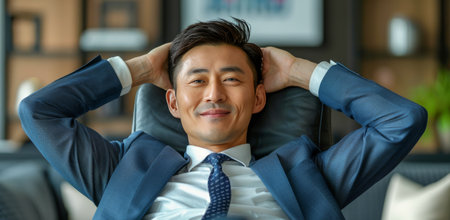 A businessman in a suit sits back in his office chair with a smile on his face.の素材