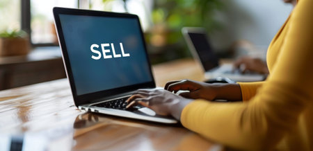 A close-up of a persons hands typing on a laptop computer with the word SELL on the screen.の素材