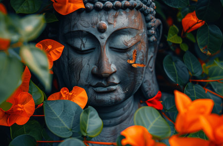 A close-up view of a black Buddha statue with a gold trim, surrounded by blooming flowers.の素材
