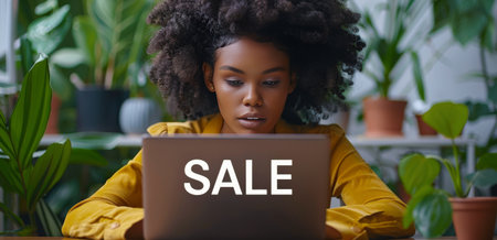 A woman in a yellow sweater sits in front of her laptop in a home office, looking at online sales.の素材