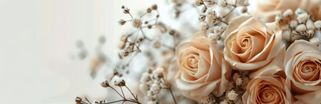 A close-up of a bouquet of peach roses and baby's breath with a soft bokeh background.の素材
