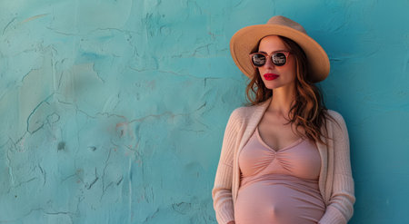 A pregnant woman in a yellow dress stands against a blue wall, wearing a hat and sunglasses.の素材