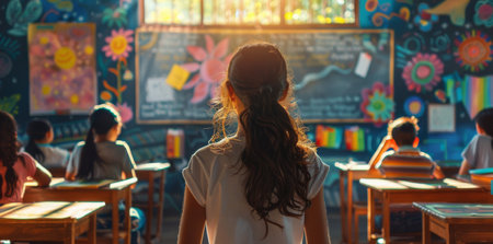 A young girl stands in front of a classroom, facing a colorful mural on the wall. The other students are seated at their desks, looking up at the girl.の素材