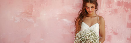 A woman with long brown hair stands in front of a pink wall. She is wearing a white dress and holding a bouquet of white flowers.の素材