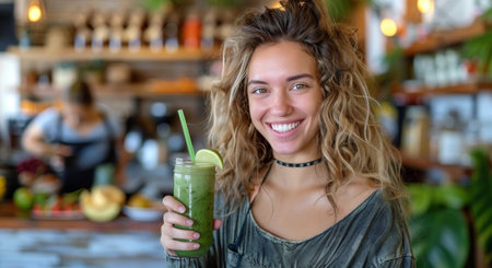 A young woman with long brown hair smiles while holding a green drink in a clear plastic cup with a straw.の素材