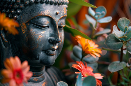 A close-up view of a black Buddha statue with a gold trim, surrounded by blooming flowers.の素材