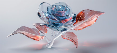A clear glass rose with pink leaves stands on a white background.の素材