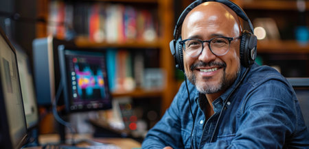 A man wearing headphones smiles while recording a podcast in his home studio.の素材
