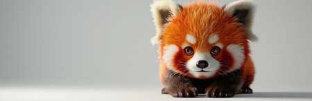 An adorable, fluffy red panda cub with big eyes sits on a white background.の素材