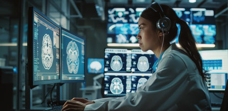A female doctor in a white coat examines brain scans displayed on multiple computer monitors in a medical facility.の素材