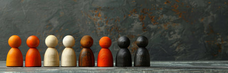A row of colorful wooden figures standing in a line on a gray background.の素材