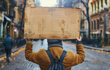 A person in a brown jacket and beanie holds a blank cardboard sign in front of their face while walking down a city street.の素材