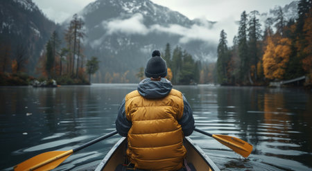 A lone paddler navigates a serene mountain lake, surrounded by autumn foliage and a misty backdrop.の素材