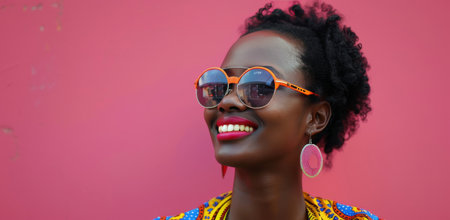 A close-up photo of a woman with curly hair wearing sunglasses and smiling at the camera. The background is pink and yellow.の素材
