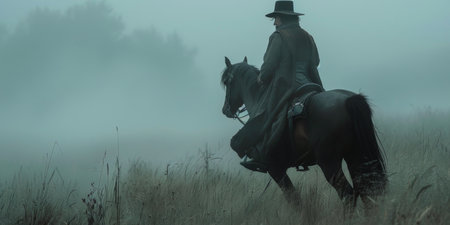 A lone rider on horseback travels through a misty field, disappearing into the distance. The morning fog creates a sense of mystery and isolation.の素材