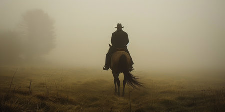 A silhouette of a rider on horseback travels through a foggy and misty countryside.の素材