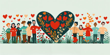 A diverse group of people stand together holding hearts in a vibrant, floral setting.の素材