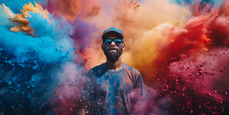 A man with a beard and sunglasses poses in front of a colorful smoke background.の素材
