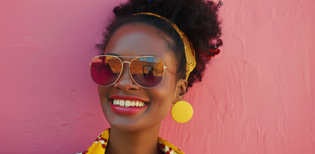A close-up photo of a woman with curly hair wearing sunglasses and smiling at the camera. The background is pink and yellow.の素材
