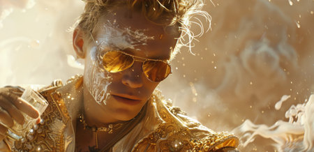 A young man with long blonde hair poses in a leopard print jacket, sunglasses, and a gold chain.の素材