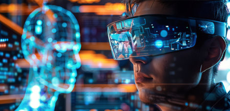 A man wearing a VR headset stands in front of a wall of computer screens. The screens are filled with data and code, highlighting the futuristic nature of the scene.の素材