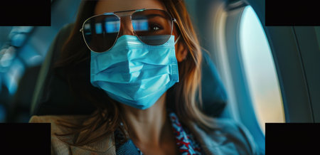 A woman wearing a face mask and sunglasses sits in an airplane seat during a flight.の素材