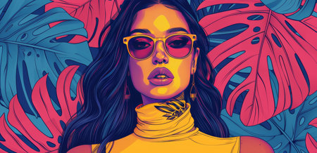 A colorful illustration of a woman wearing sunglasses and a yellow shirt against a background of blue and yellow tropical leaves.の素材