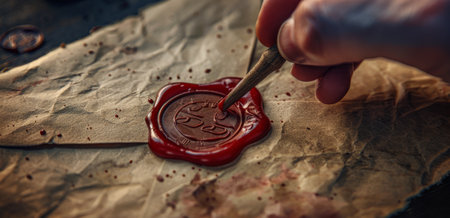 A close-up of a persons hands sealing an envelope with a wax seal and a brush. The seal is still warm and the person is carefully smoothing it out.の素材