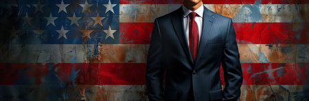A man in a suit stands with his arms crossed, looking directly at the camera. The American flag is blurred in the background.の素材