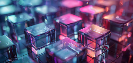 A close up photo of a group of shiny, metallic cubes reflecting neon pink and blue lights.の素材