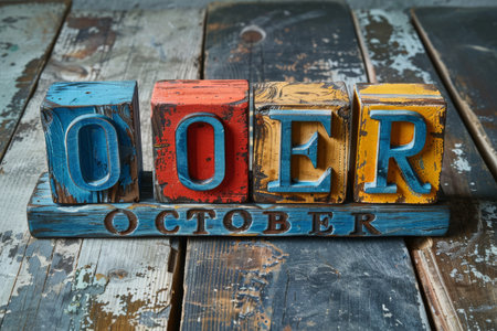 A close-up shot of colorful, wooden blocks spelling out the word October on a rustic, weathered wooden surface. The blocks are painted in shades of blue, red, yellow, and orange.の素材