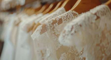 Close-up of white lace wedding dresses hanging on wooden hangers in a bridal boutique.の素材