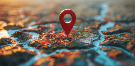 Close-up of a red location pin placed on a detailed city map with warm sunset light in the background.の素材