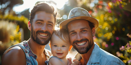 Two fathers and their baby son smile for a photo outdoors on a sunny day.の素材