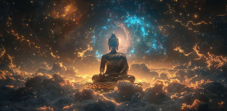 A golden Buddha figurine sits in meditation amidst swirling cosmic clouds and twinkling stars.の素材