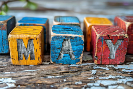 A close-up shot of large, wooden letters spelling MAY with orange flowers and green stems decorating them on a rustic, weathered wood background.の素材