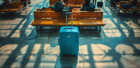 Overhead view of three blue suitcases resting on benches in an airport terminal.の素材