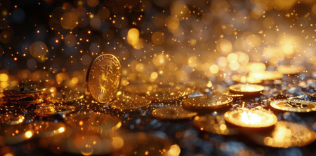 A close-up image of gold-colored Bitcoin coins falling and landing on a dark surface.の素材