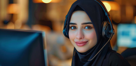 A young woman wearing a hijab and headphones smiles as she works on a computer in a brightly lit office.の素材
