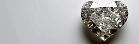 A close-up photo of a heart-shaped diamond gemstone resting on a light gray surface.の素材
