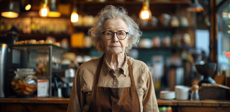 A smiling, elderly woman with gray hair and glasses is standing behind a counter at a coffee shop. There are jars of coffee beans in front of her.の素材